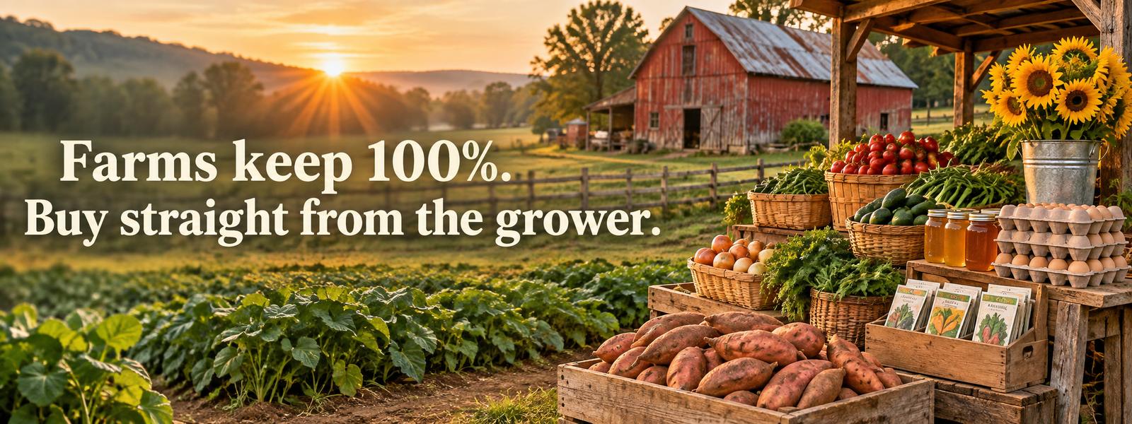 Farm stand with sweet potatoes, vegetables, eggs, honey and seed packets in front of a red barn at sunrise. Farms keep 100%. Buy straight from the grower.