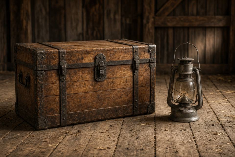 A vintage wooden trunk and an old lantern on a barn floor, with no people in the frame