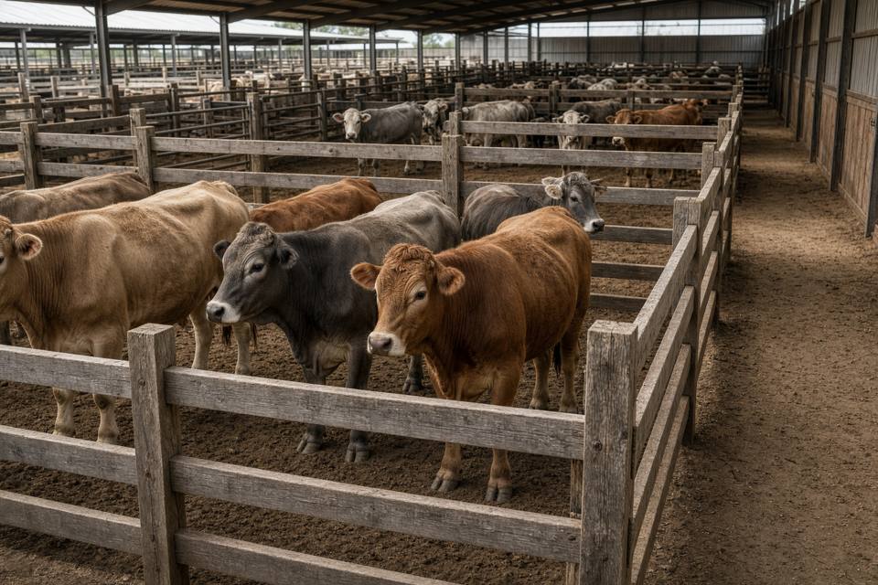 Cattle standing in wooden pens at a sale barn, with no people in the frame