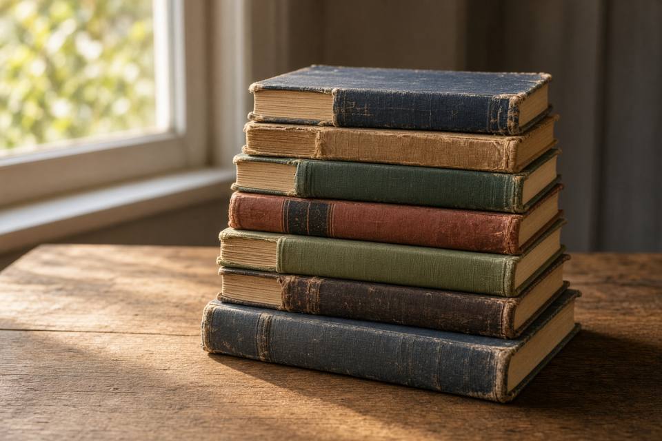 A stack of worn hardcover books on a wooden table, with no people in the frame
