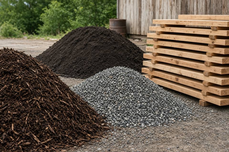 Piles of mulch, gravel, topsoil, and stacked lumber in a farm yard, with no people in the frame