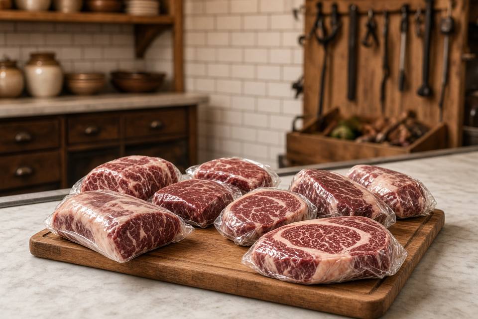 Wrapped packages of beef on a clean butcher counter, with no people in the frame