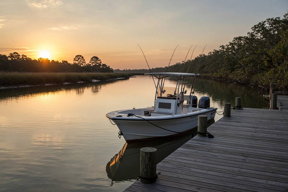 A small fishing boat tied at a wooden dock at sunrise, with rods in holders and no people in the frame