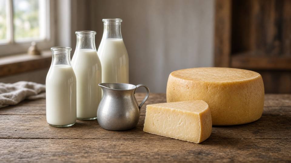 Glass bottles of milk and wheels of cheese on a wooden table, with no people in the frame