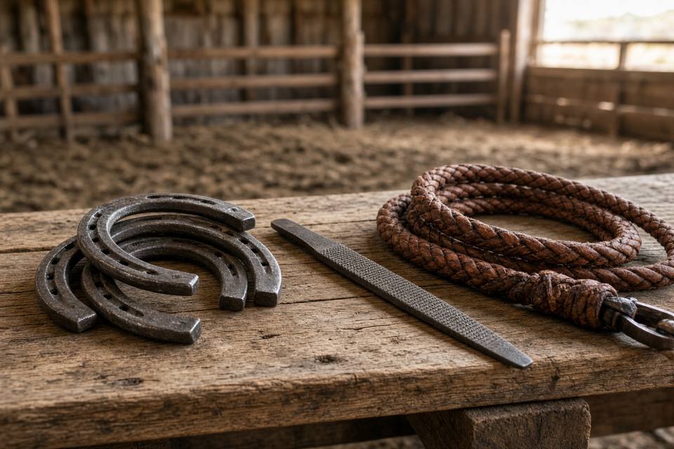 Horseshoes, a hoof rasp, and a leather lead on a barn bench, with no people in the frame