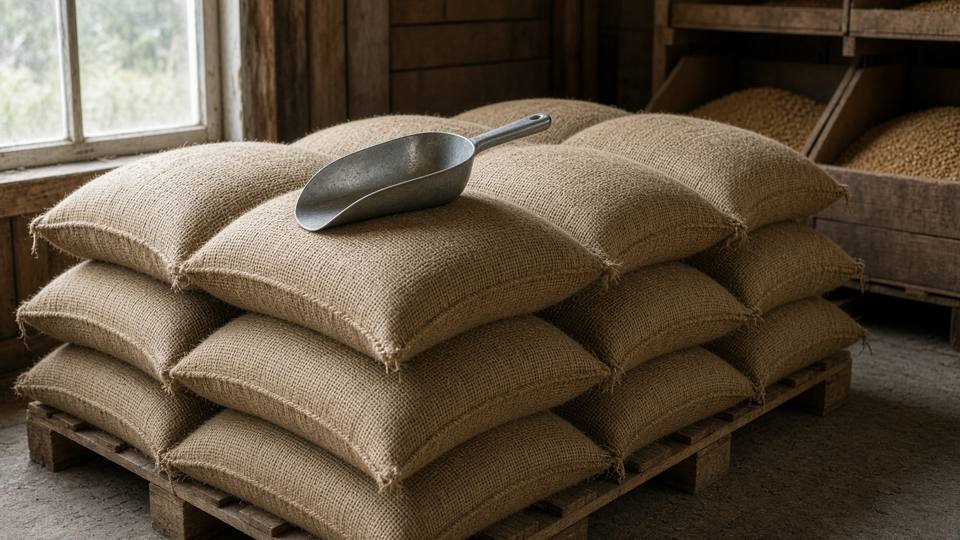 Plain feed sacks stacked in a farm store, with no people in the frame