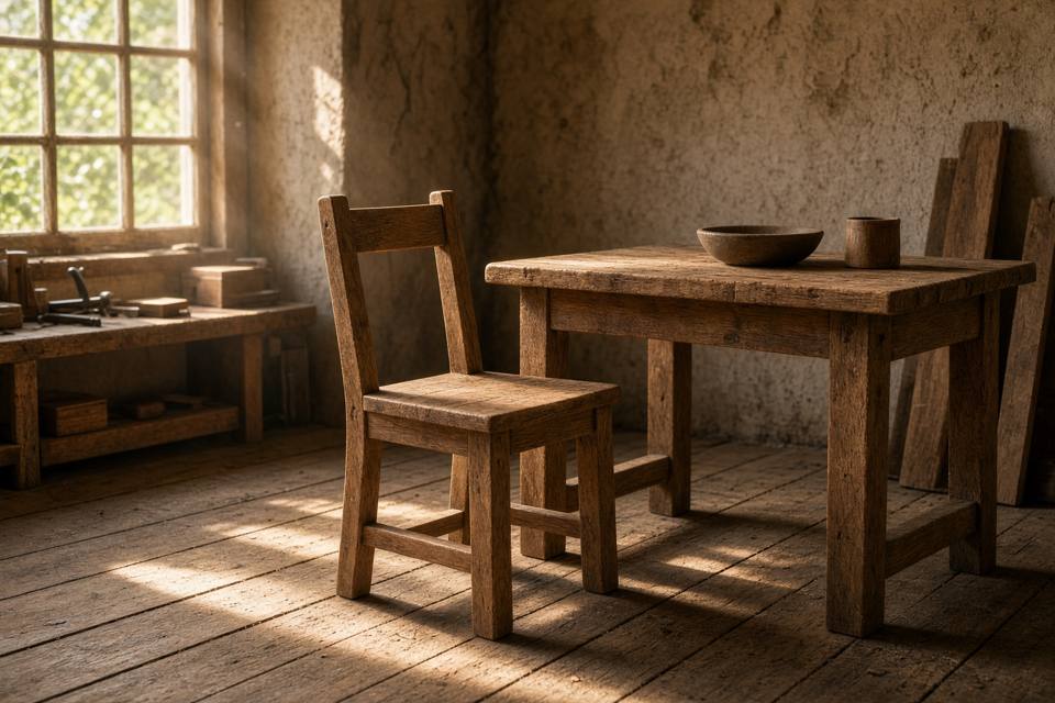 A handmade wooden chair and a small table in a sunlit workshop, with no people in the frame
