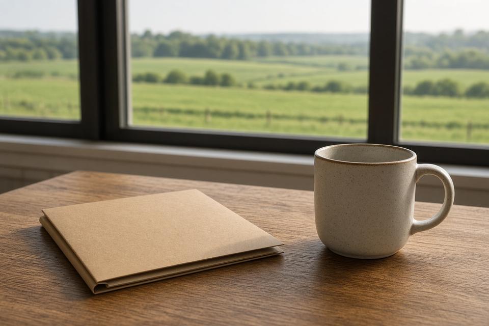 A closed folder and a mug on a desk by a window, with no people in the frame