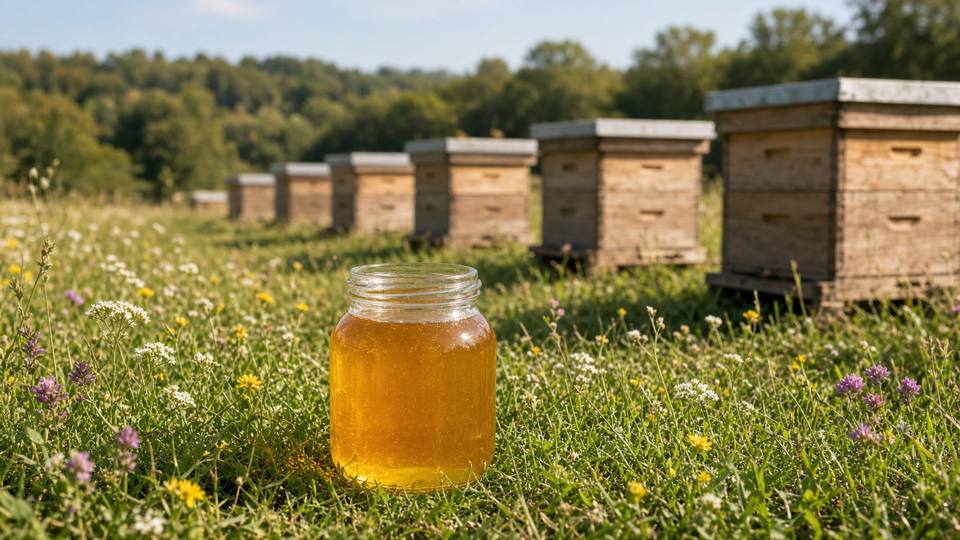 Wooden beehives in a meadow and a jar of honey, with no people in the frame
