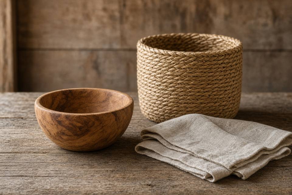A handmade wooden bowl, a woven basket, and linen on a farm table, with no people in the frame