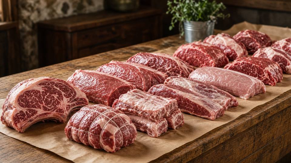 Cuts of beef and pork on butcher paper, with no people in the frame