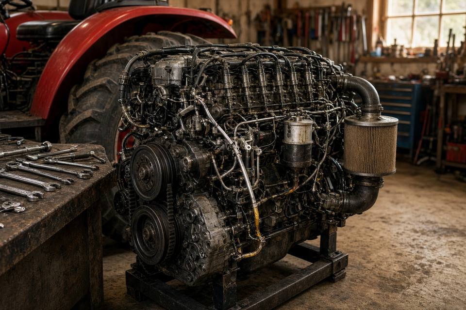 A farm tractor engine open for repair beside wrenches, with no people in the frame