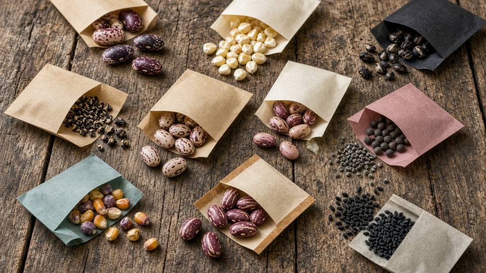 Heirloom seed packets and loose seeds on a wooden table, with no people in the frame