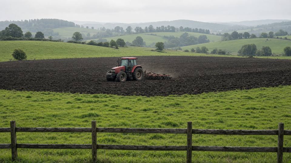 A tractor tilling a field beside a wooden fence, with no face in the frame
