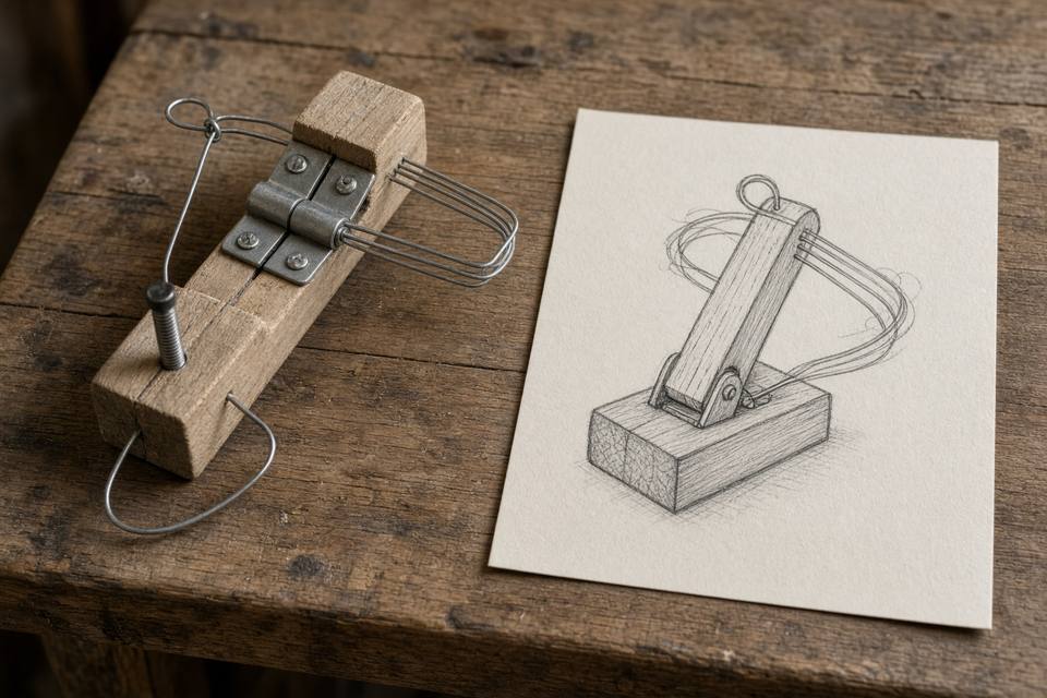 A small homemade wood and wire gadget on a workbench, with no people in the frame
