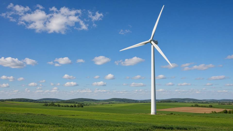 A wind turbine over green farm fields, with no people in the frame
